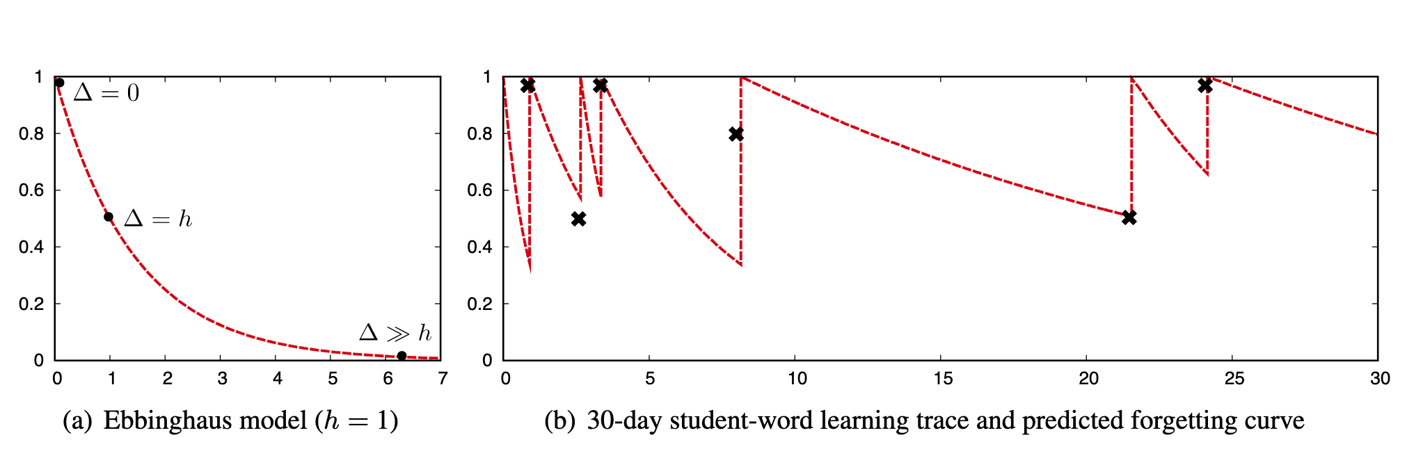 Two panels: (a) a single Ebbinghaus forgetting curve decaying from recall probability 1 to near 0 over time, marked at half-life h; (b) a 30-day student-word learning trace where each review spikes recall back to 1 and successive decay curves flatten as stability grows