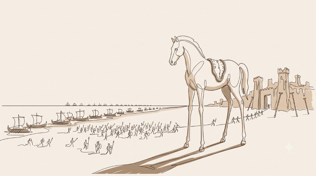 Sepia single-line Dalí-style doodle of the shore at Troy: the wooden horse looms on impossibly long spindly legs casting a shadow the wrong way, a melting pocket watch draped on its back, while Greek ships line the beach, stick-thin armies stream across the sand, and the towers of Troy sag on stilts and crutches