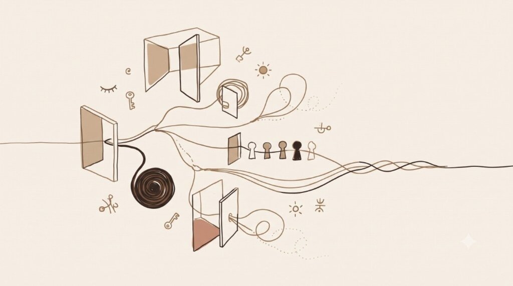 Abstract sepia line drawing of branching paths, doors, keys, and identity figures — a map of permission-aware agent flow