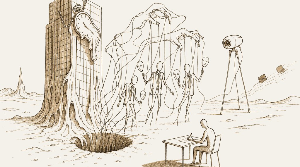Sepia Dalí-style doodle: a melting office tower drips into a rabbit hole; a giant hand puppets blank-faced suited figures holding masks; a webcam on stilts watches; a solitary writer works at a desk while a laptop and briefcase fly into the desert