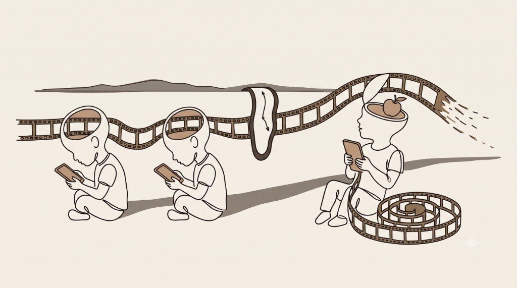 Dalí-style line doodle of hollow-skulled children with a film strip threading through their heads