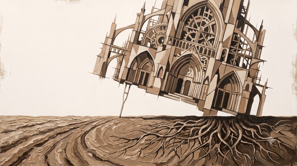 Painterly sepia illustration of a tilted Gothic cathedral fused with mechanical gears, propped by a slender crutch on one side and anchored by thick roots on the other