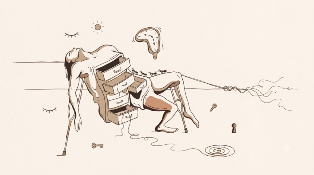 Sepia Dalí-style line drawing of a reclining figure whose torso is a chest of drawers, propped by crutches, with a melting clock, marching ants, floating keys, and a solitary keyhole on a desert plain