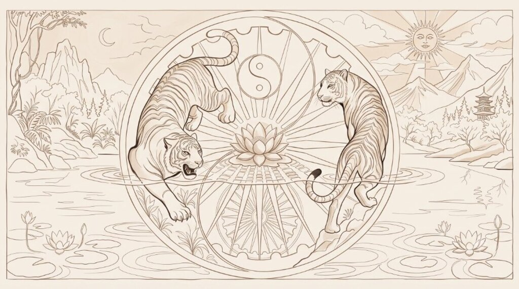Espresso-brown fine-line illustration on warm cream: two tigers face each other inside a circular emblem with a lotus and yin-yang at centre, a gear-toothed lower rim, and sun rays above; left side tropical palms and a crescent moon, right side a Japanese pagoda, Mount Fuji, and a face-in-the-sun — the circle half-submerged in rippling water