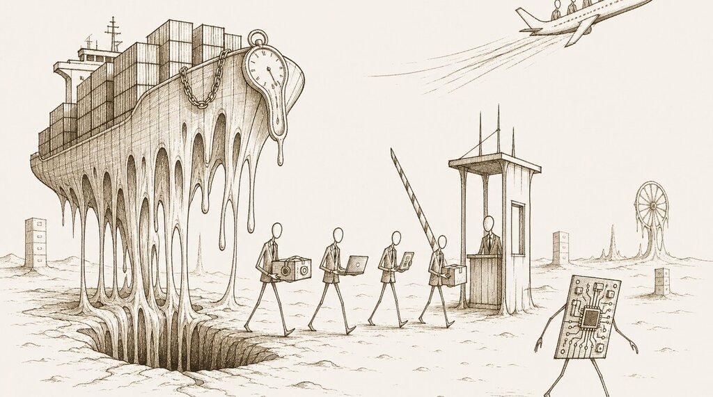 Espresso-brown pen-and-ink Dalí doodle on warm cream: a melting container ship drips into a customs pit with a draped pocket watch; faceless middlemen carry crates through a tollbooth; a walking circuit board flees right; an airplane carries stick-figure geniuses away over a barren desert