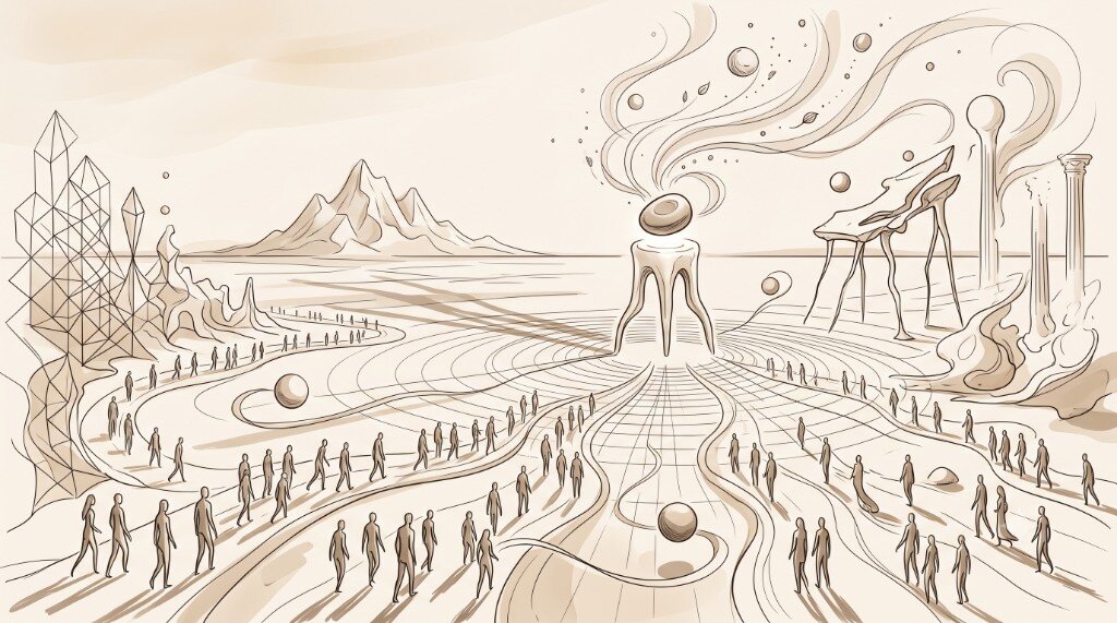 Sepia surrealist architectural sketch of a desert plain where paths converge on a central pedestal machine, with crystalline scaffolds on one side and melting classical forms on the other — a recommendation system processing human data