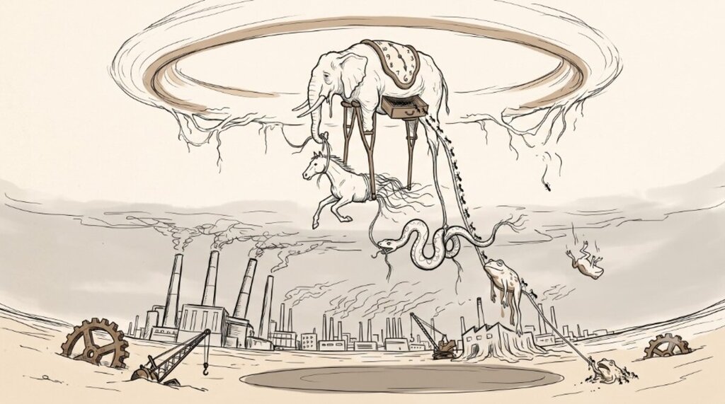 Sepia Dalí-style drawing of a stilt-legged elephant with a melting clock and ants pouring from a drawer, holding a rope that tethers dissolving animals over a smoky industrial wasteland