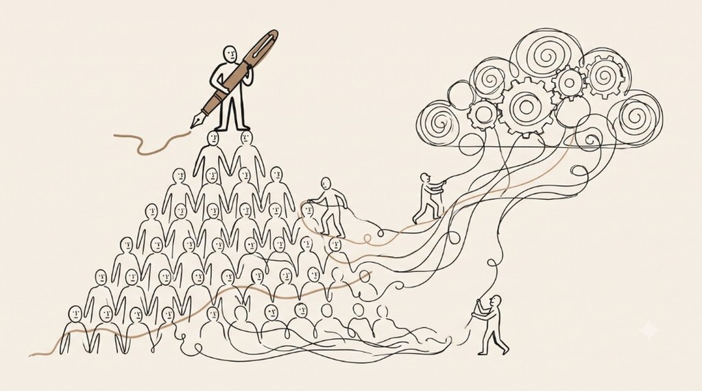 Sepia line drawing of a human consulting pyramid; the partner at the top signs with a fountain pen while ropes pull juniors into a gear-filled AI cloud
