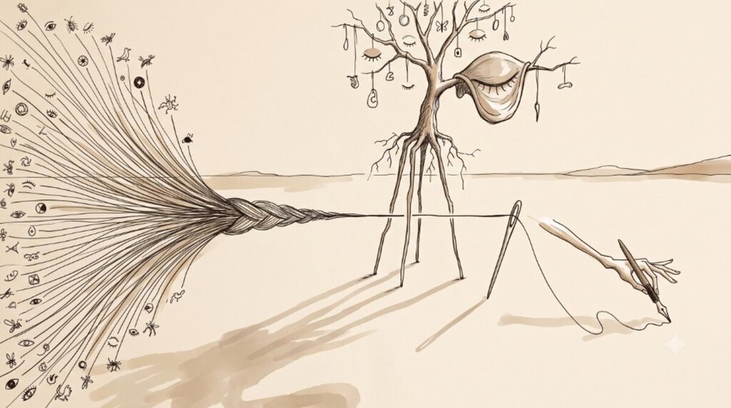 Sepia Dalí-style line drawing: a fan of sensory icons braids into a cord through a desert needle, watched by a spindly surreal tree of eyes and ears, while a hand writes a single line with the thread