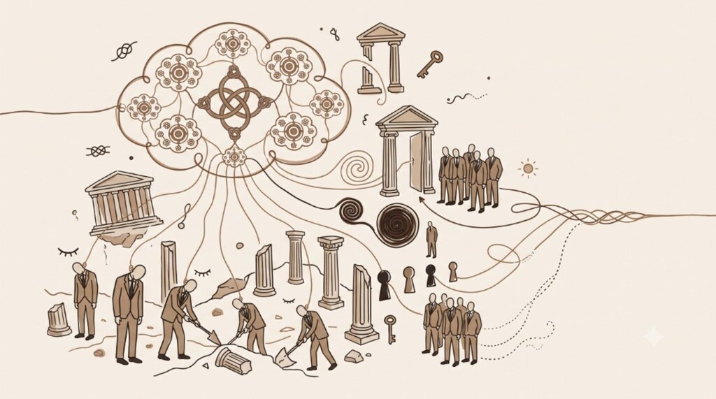 Hand-drawn dystopian doodle of suited workers with closed eyes, puppeted by an abstract knot-cloud of bots above classical ruins — warm cream paper, espresso ink